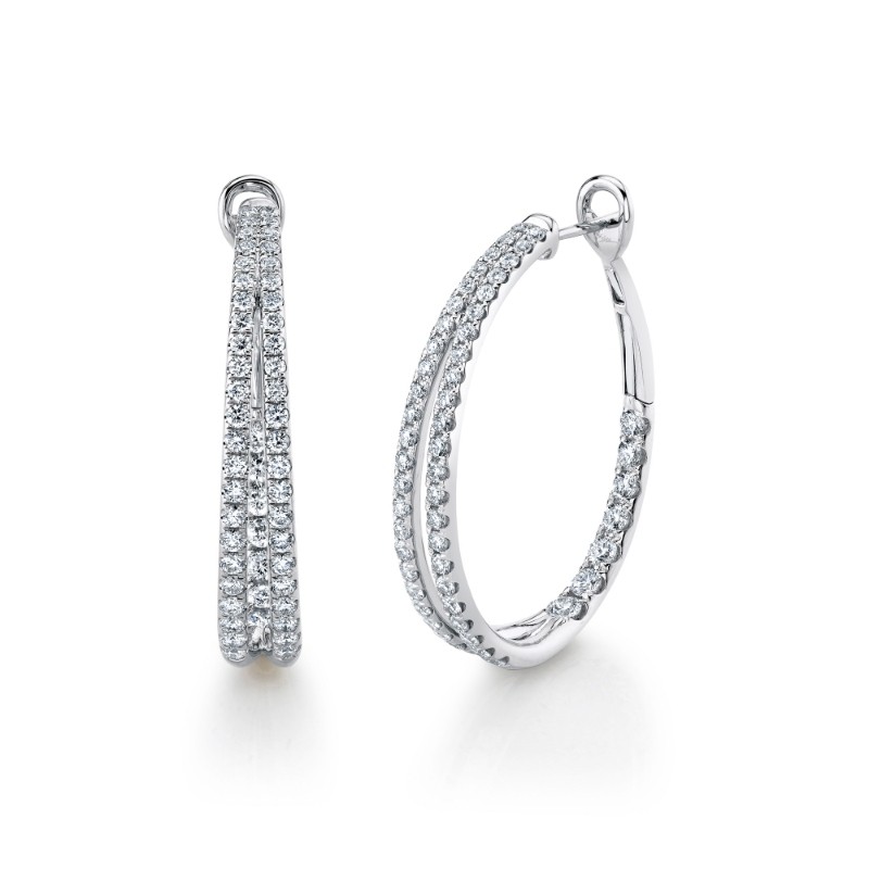 A Pair Of 14K White Gold And Diamond Oval-Shaped Hoop Earrings That Are Set With Diamonds Weighing 2.67 Carat Total. G/H, Vs-Si