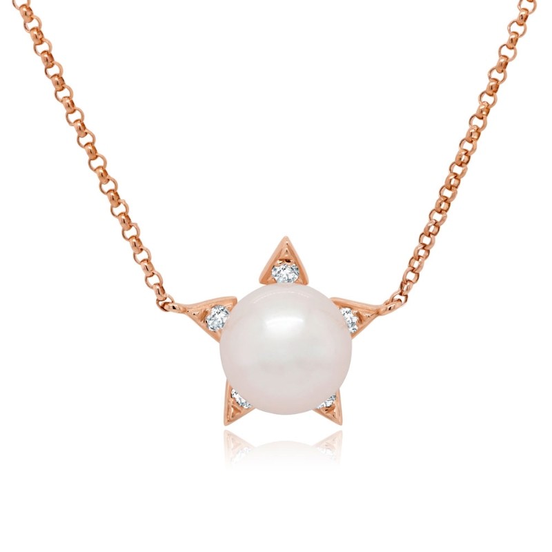 0.06Ct 14K Rose Gold Diamond & Cultured Pearl Star Necklace