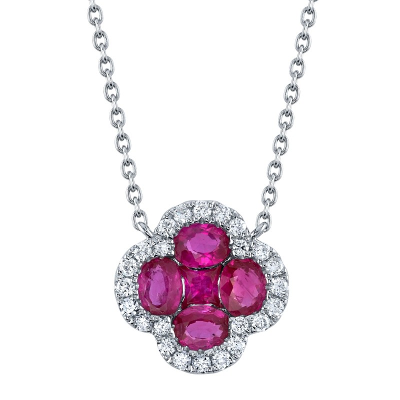 0.16Ct Diamond & 0.89Ct Ruby 14K White Gold Clover Necklace