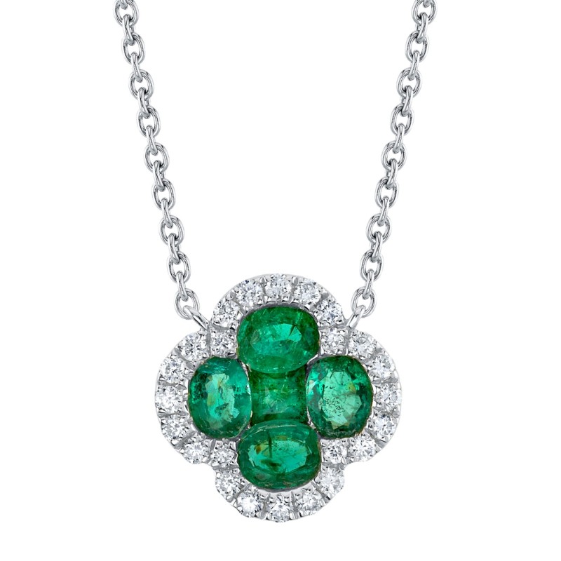 0.16Ct Diamond & 0.65Ct Emerald 14K White Gold Clover Necklace