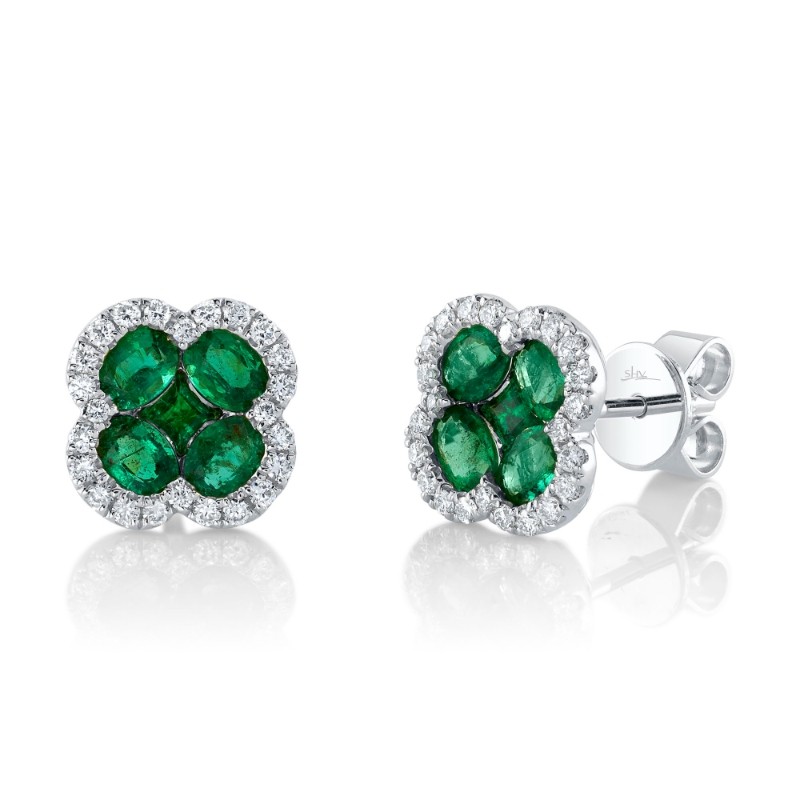0.33Ct Diamond & 1.29Ct Emerald 14K White Gold Clover Stud Earrings