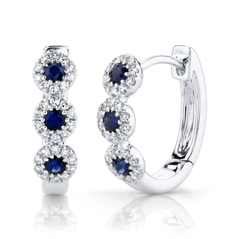 0.15ct Diamond & 0.30ct Blue Sapphire 14k White Gold Huggie Earrings