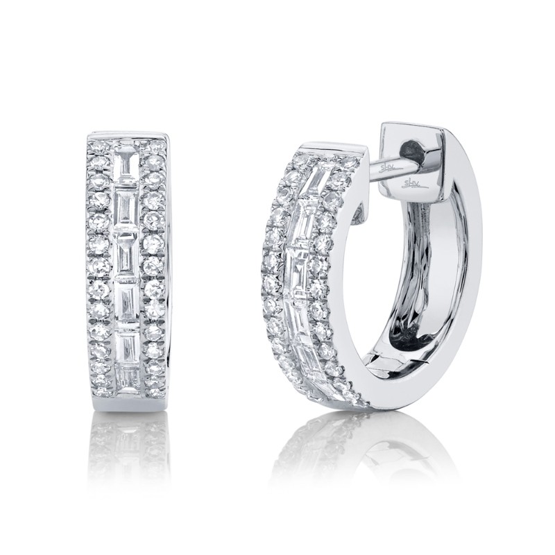 0.34Ct 14K White Gold Diamond Baguette Huggie Earrings