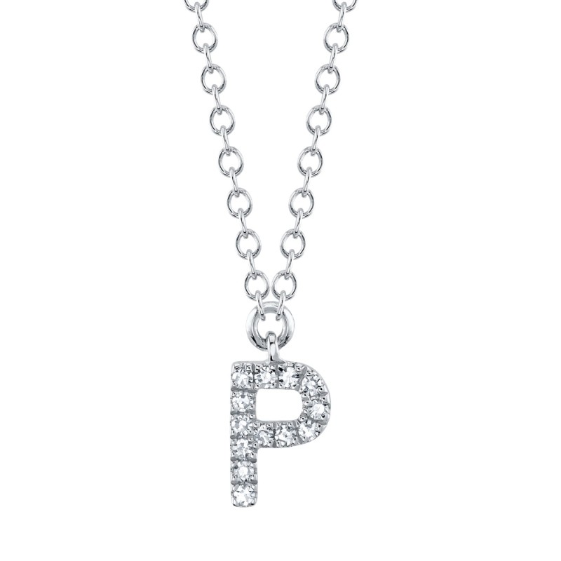 0.04Ct 14K White Gold Diamond Necklace - Initial P