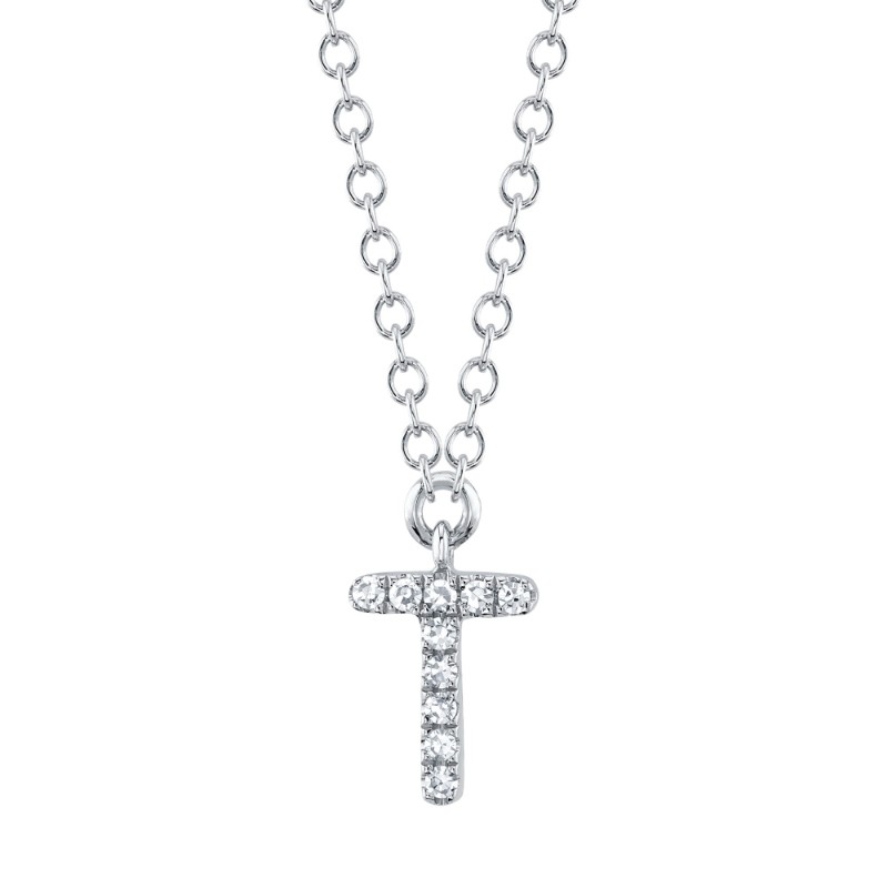 0.03Ct 14K White Gold Diamond Necklace - Initial T