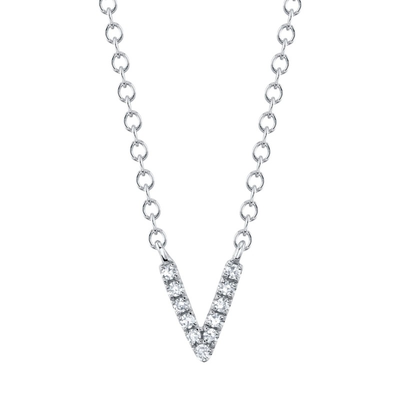 0.03Ct 14K White Gold Diamond Necklace - Initial V