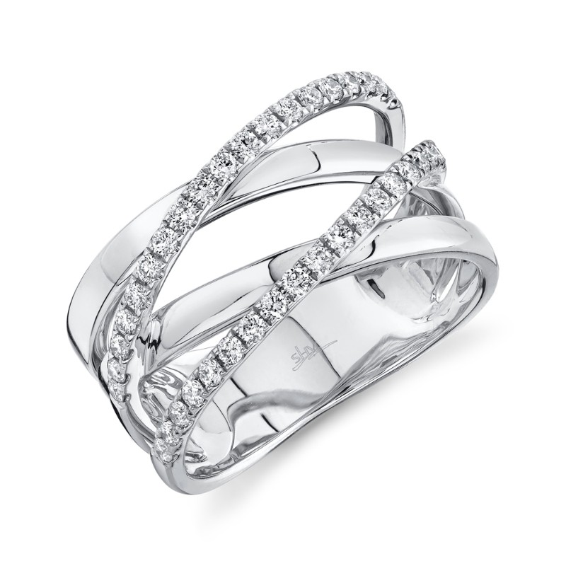 A 14K White Gold And Diamond, Wide Crossover Style Band Set With Diamonds Weighing .41 Carat Total. G/H, Vs/Si