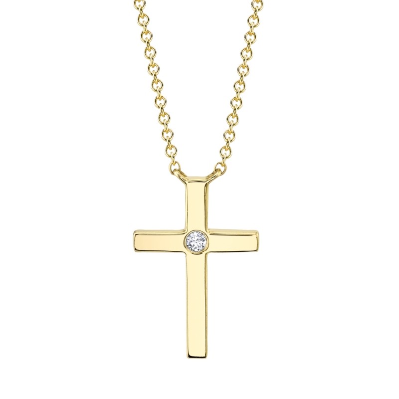 0.03Ct 14K Yellow Gold Diamond Bezel Cross Necklace