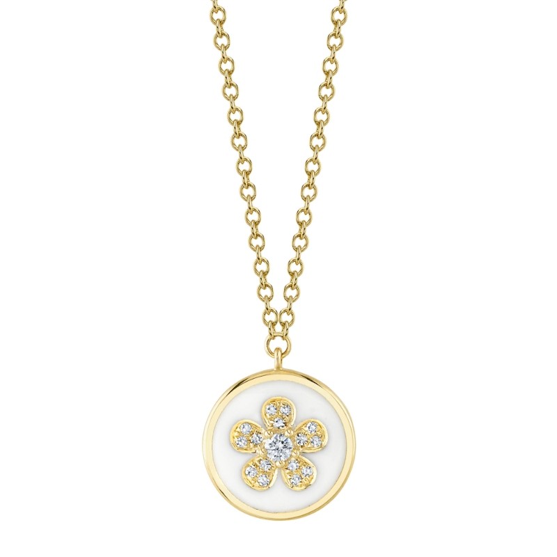 0.06Ct Diamond & White Enamel 14K Yellow Gold Flower Necklace