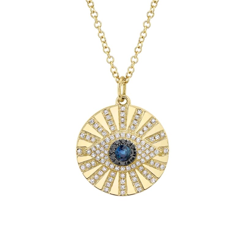 0.23Ct Black & White Diamond & 0.15Ct Blue Sapphire 14K Yellow Gold Eye Necklace