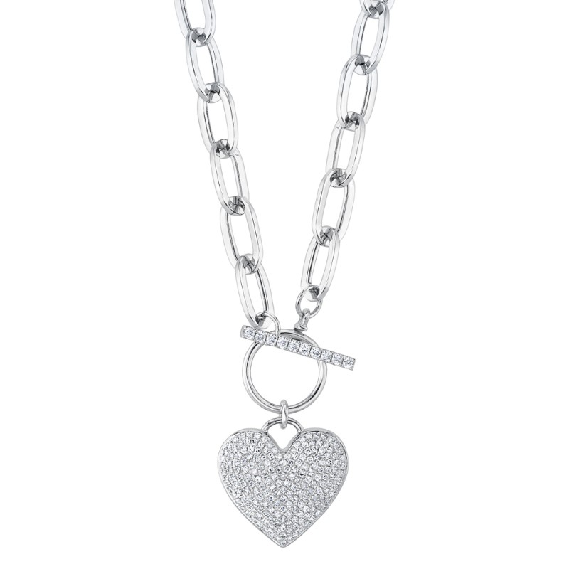 0.50Ct 14K White Gold Diamond Pave Heart Paper Clip Link Necklace