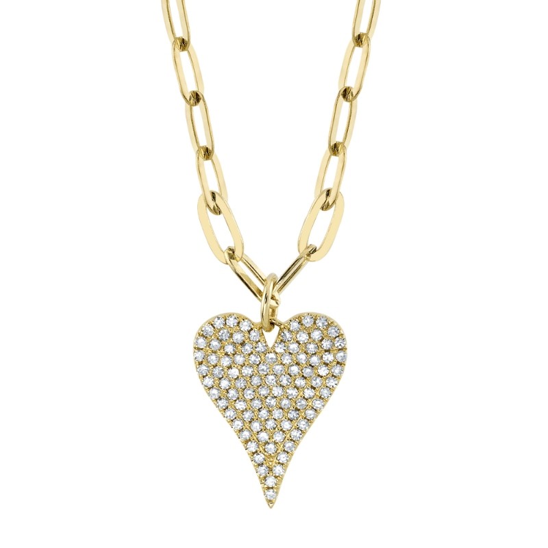 0.21Ct 14K Yellow Gold Diamond Pave Heart Paper Clip Link Necklace