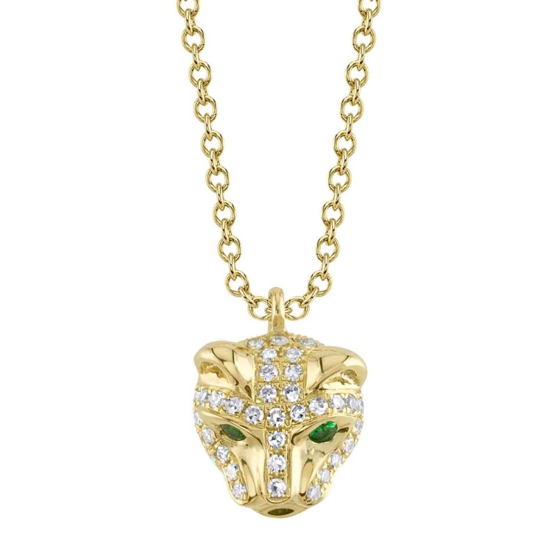 0.12Ct Diamond & 0.02Ct Emerald 14K Yellow Gold Panther Necklace