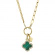 0.12Ct Diamond & 0.54Ct Malachite 14K Yellow Gold Clover Paper Clip Link Necklace