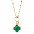 0.17Ct Diamond & 1.88Ct Malachite 14K Yellow Gold Clover Paper Clip Link Necklace