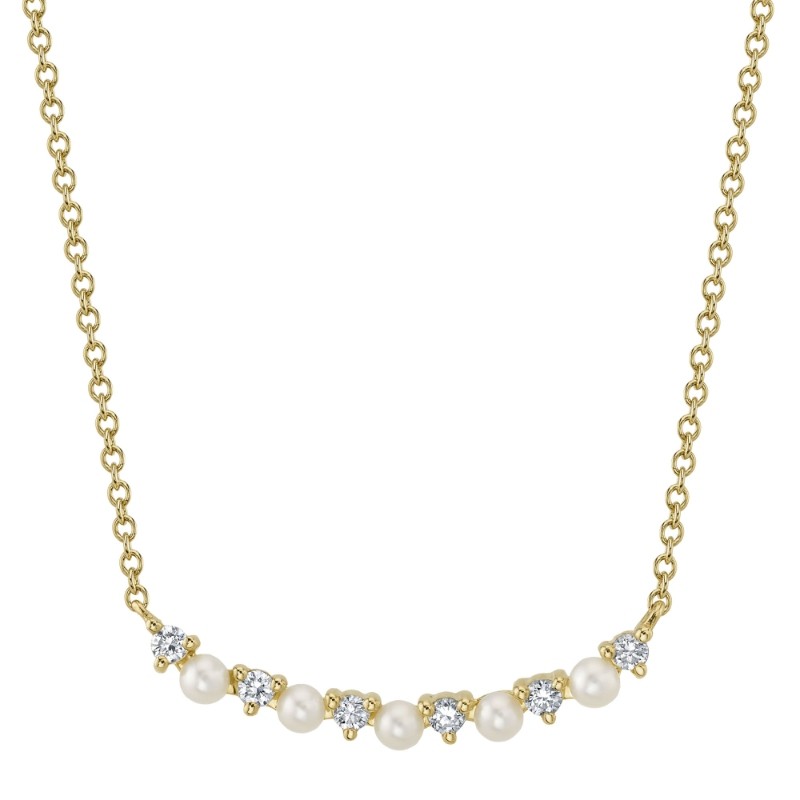 A 14K Yellow Gold, Diamond And Cultured Pearl Necklace .12Ct G-H Vs-Si