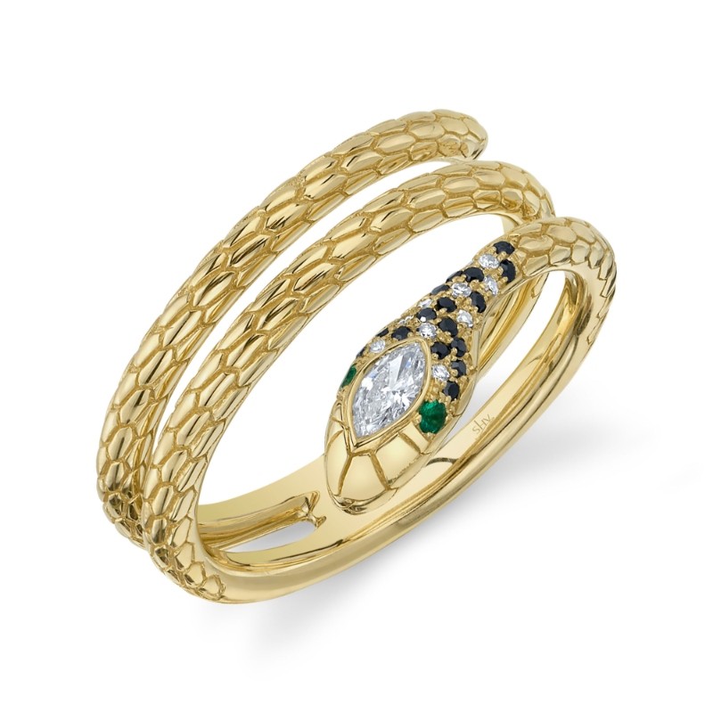0.17Ct Black & White Diamond & 0.02Ct Emerald 14K Yellow Gold Snake Ring