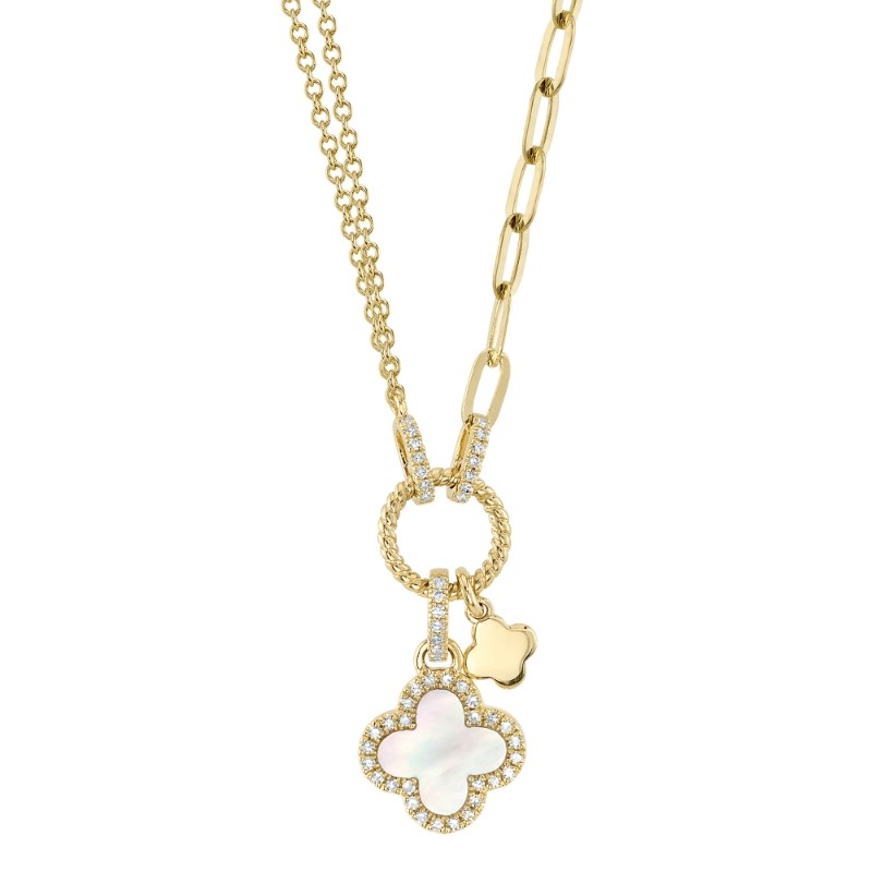 0.12Ct Diamond & 0.54Ct Mother Of Pearl 14K Yellow Gold Clover Paper Clip Link Necklace