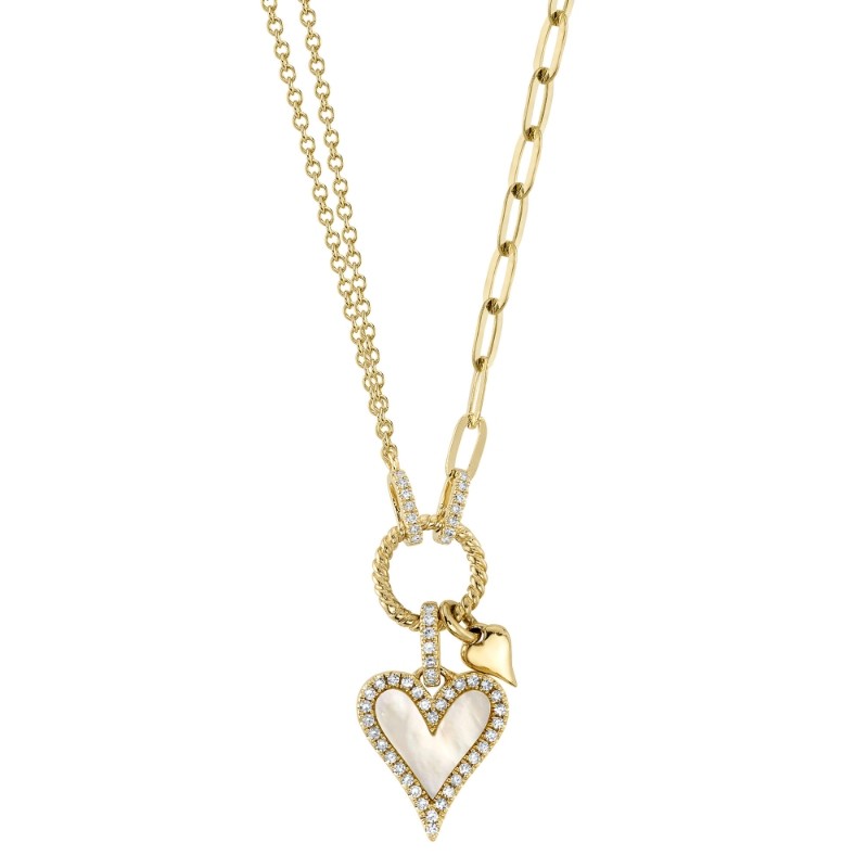 0.13Ct Diamond & 0.41Ct Mother Of Pearl 14K Yellow Gold Heart Paper Clip Link Necklace