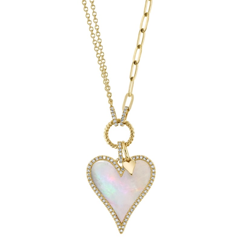 0.20Ct Diamond & 2.07Ct Mother Of Pearl 14K Yellow Gold Heart Paper Clip Link Necklace