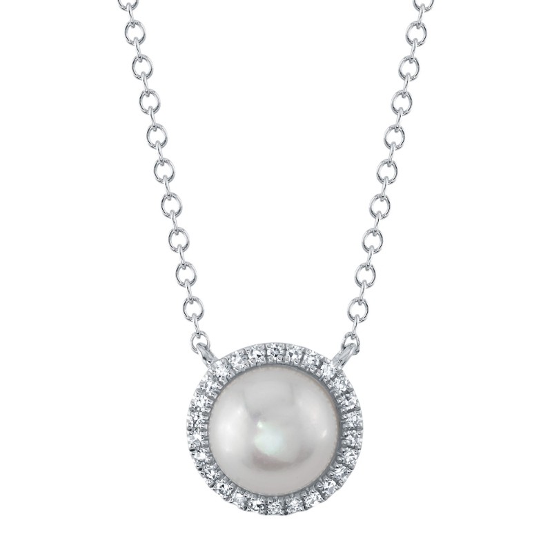 0.08Ct 14K White Gold Diamond & Cultured Pearl Necklace