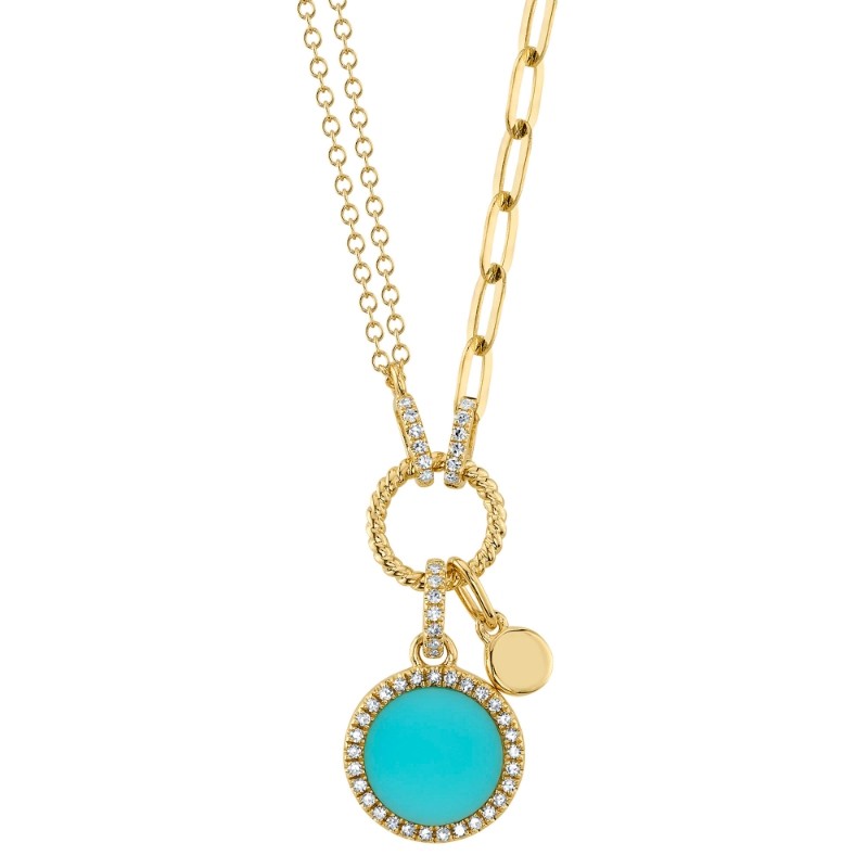 0.13Ct Diamond & 0.70Ct Composite Turquoise 14K Yellow Gold Circle Paper Clip Link Necklace