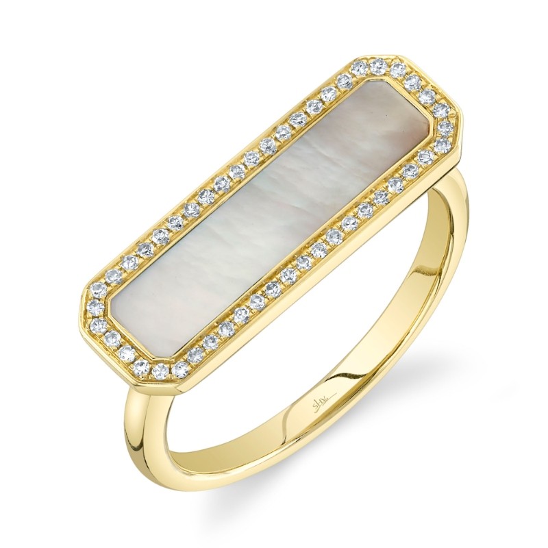 0.11Ct Diamond & 1.05Ct Mother Of Pearl 14K Yellow Gold Bar Ring
