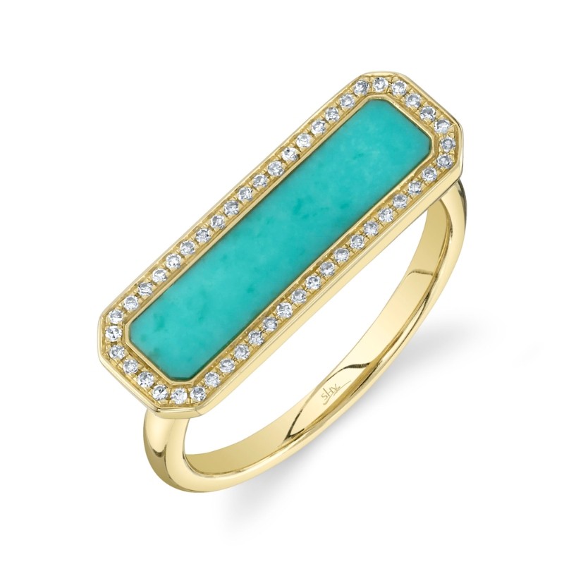 0.11Ct Diamond & 1.03Ct Composite Turquoise 14K Yellow Gold Bar Ring