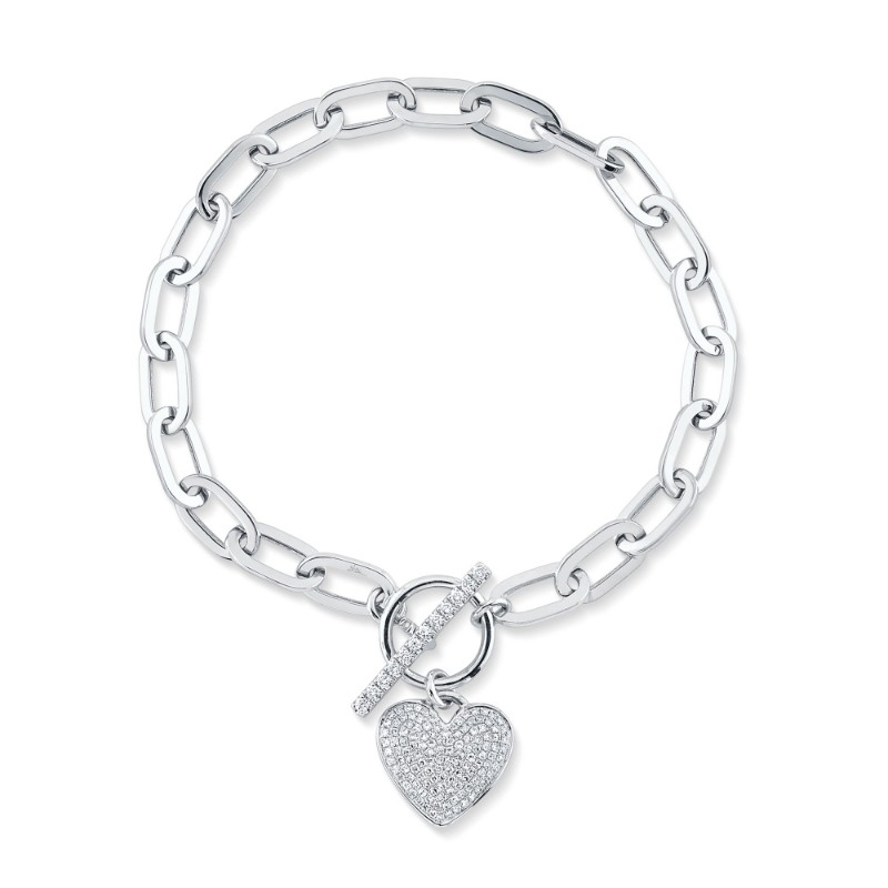 0.41Ct 14K White Gold Diamond Paper Clip Link Pave Heart Bracelet