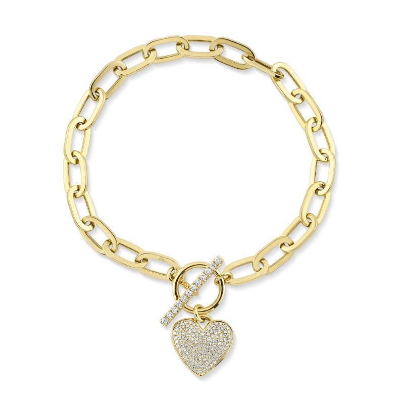0.41Ct 14K Yellow Gold Diamond Paper Clip Link Pave Heart Bracelet