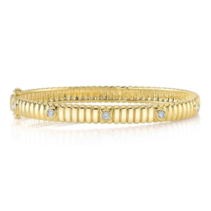 0.33Ct 14K Yellow Gold Diamond Bezel Ribbed Bangle