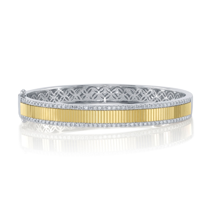 1.06Ct 14K Two Tone White And Yellow Gold Diamond Ribbed Bangle