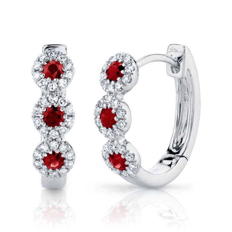0.15Ct Diamond & 0.29Ct Ruby 14K White Gold Huggie Earrings