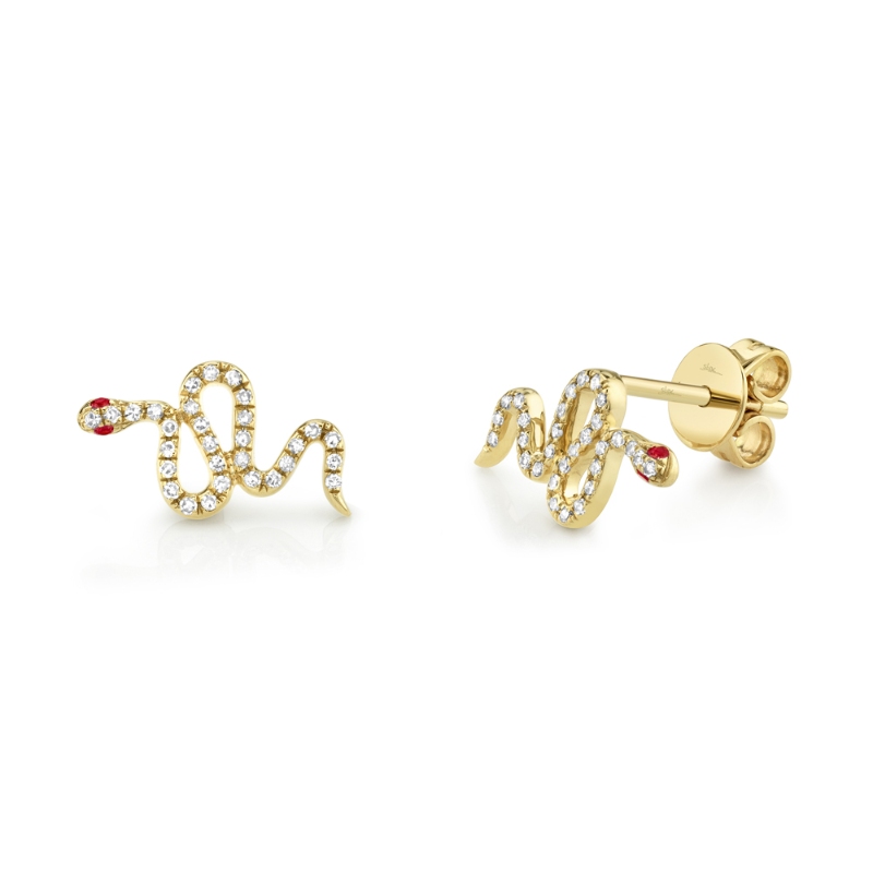 0.13Ct Diamond & 0.03Ct Ruby 14K Yellow Gold Snake Stud Earrings