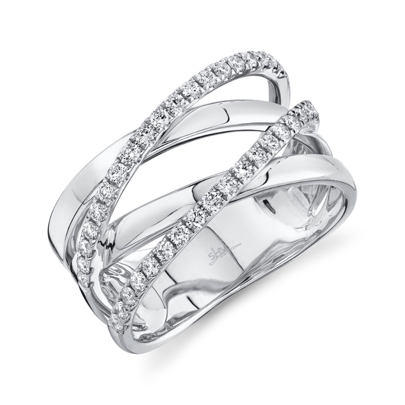 A 14K White Gold And Diamond, Wide Crossover Style Band Set With Diamonds Weighing .41 Carat Total. G/H, Vs/Si