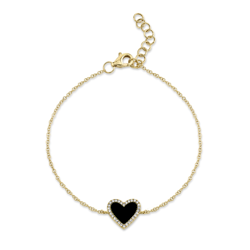 0.09Ct Diamond & 0.57Ct Black Onyx 14K Yellow Gold Heart Bracelet