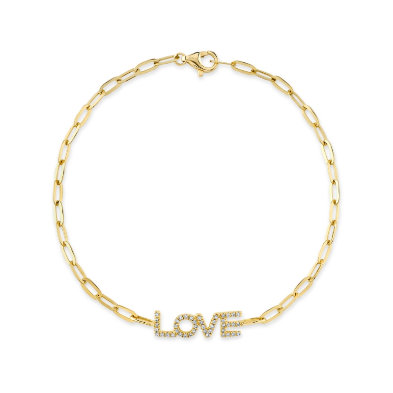 0.12Ct 14K Yellow Gold Diamond "Love" Paper Clip Link Bracelet