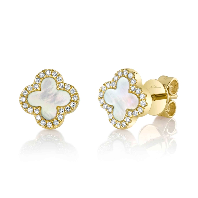 0.11Ct Diamond & 0.35Ct Mother Of Pearl 14K Yellow Gold Clover Earrings