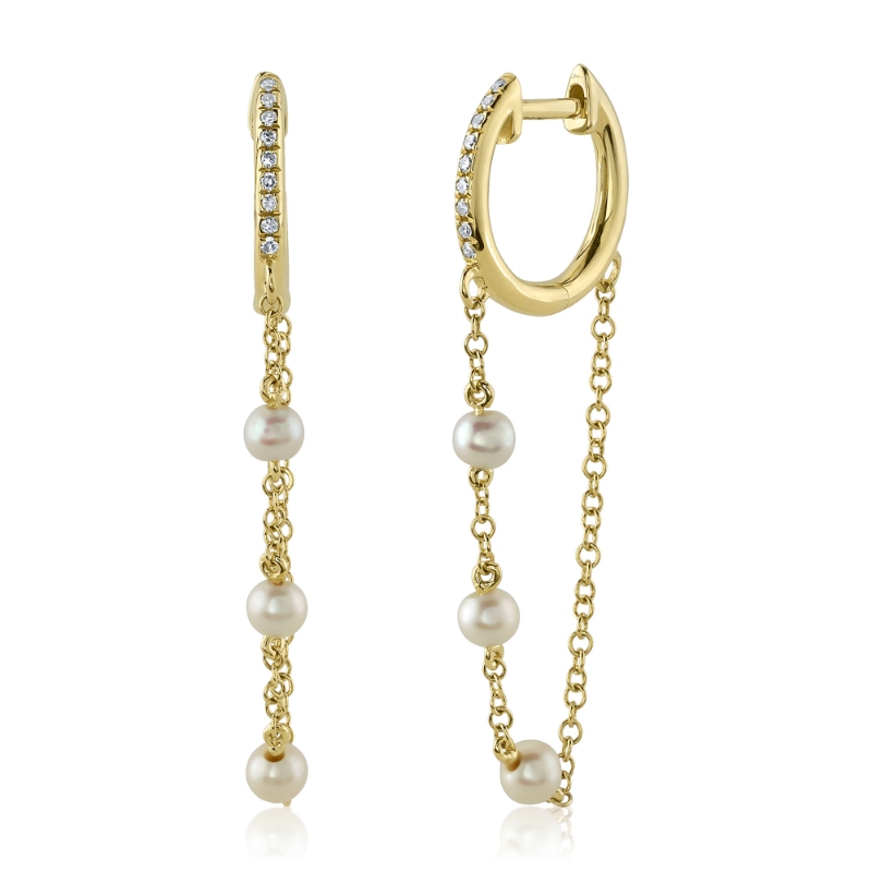 0.05Ct 14K Yellow Gold Diamond & Cultured Pearl Huggie Earrings