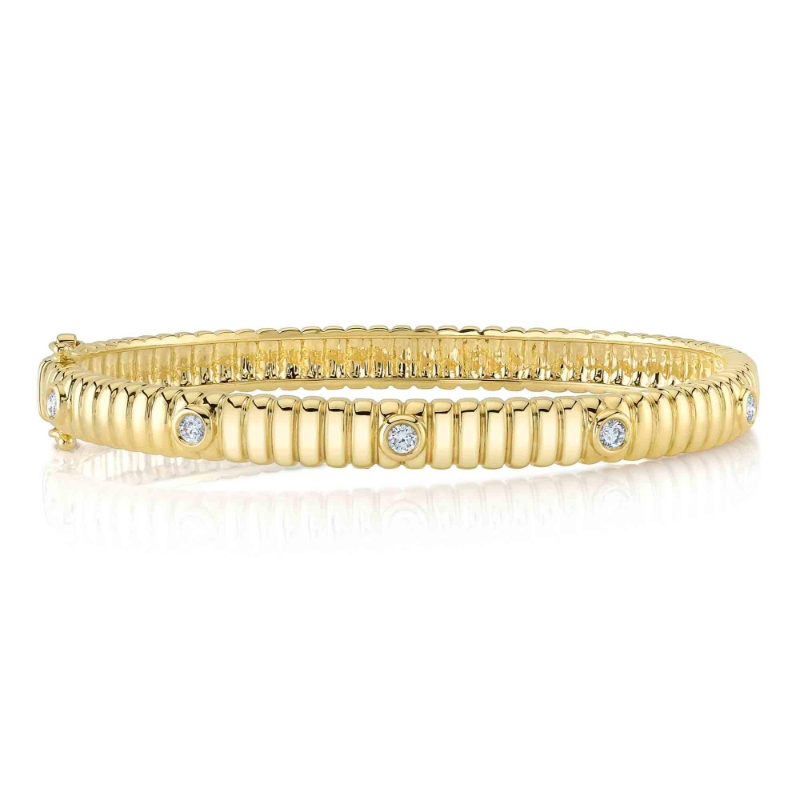0.33Ct 14K Yellow Gold Diamond Bezel Ribbed Bangle